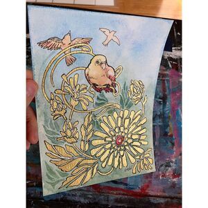 original painting birds floral artwork signed Ooak art Nouveau handmade Surreal